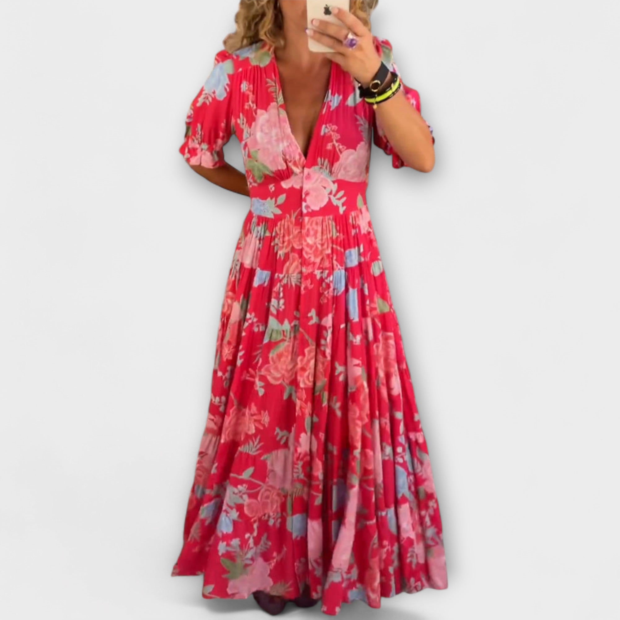 Catrisa - Virágmintás V-nyakú zsebes ruha